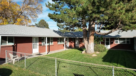 A house with a red brick exterior and a tree in front.