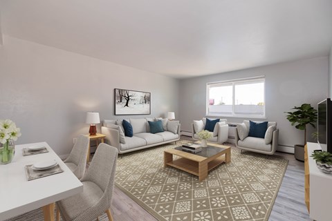 A well-lit living room with a dining table and a couch.