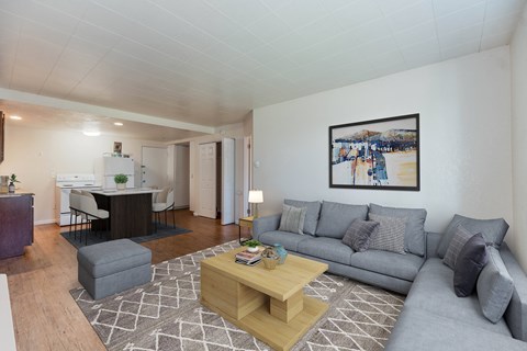 A living room with a grey couch, a coffee table, and a painting on the wall.