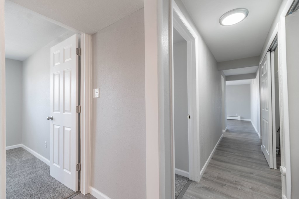 A hallway with a white door and a grey carpet.