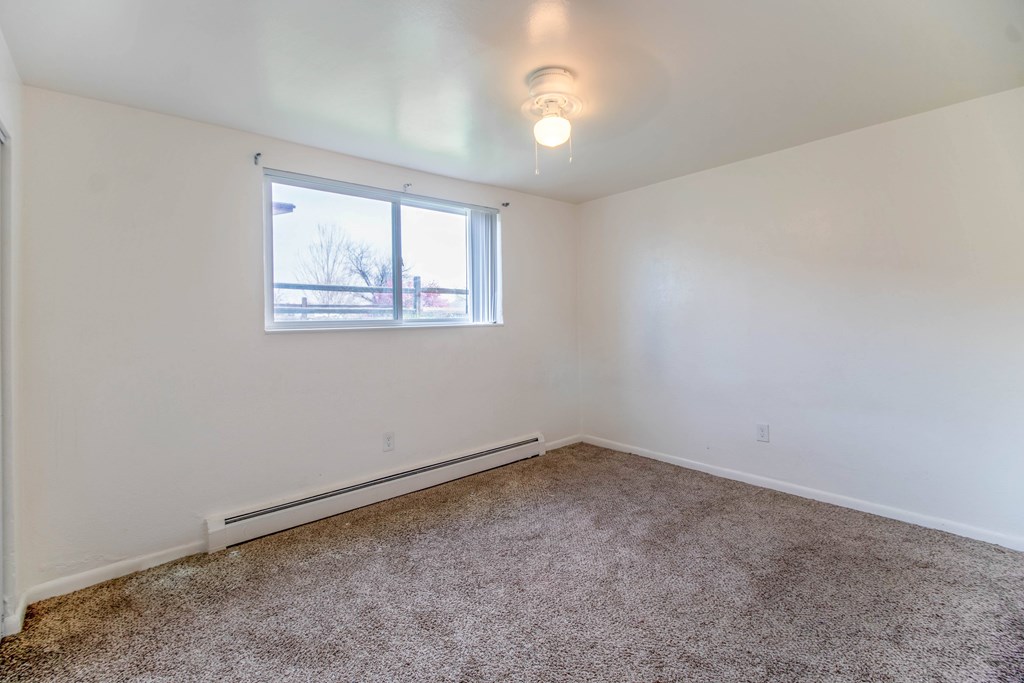 A room with a carpeted floor and a window.