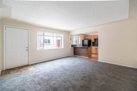 A room with a white door and a grey carpet.