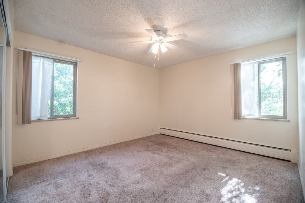 A room with a carpeted floor and two windows.