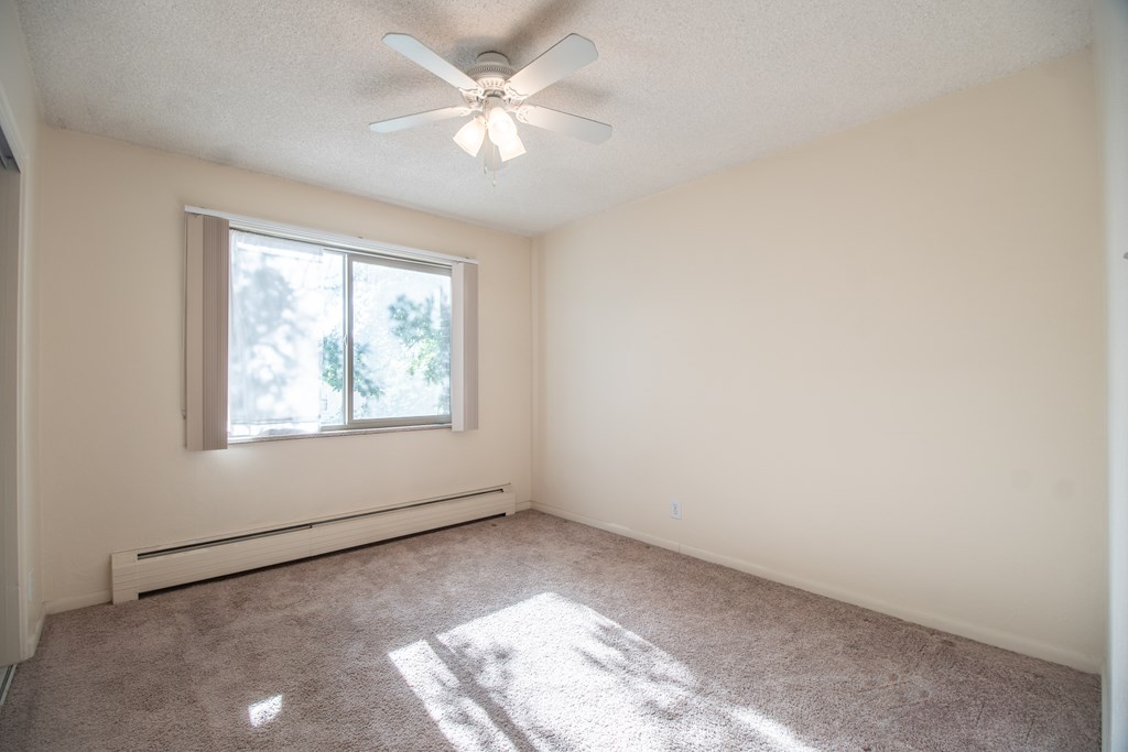 A room with a ceiling fan and a window letting in sunlight.