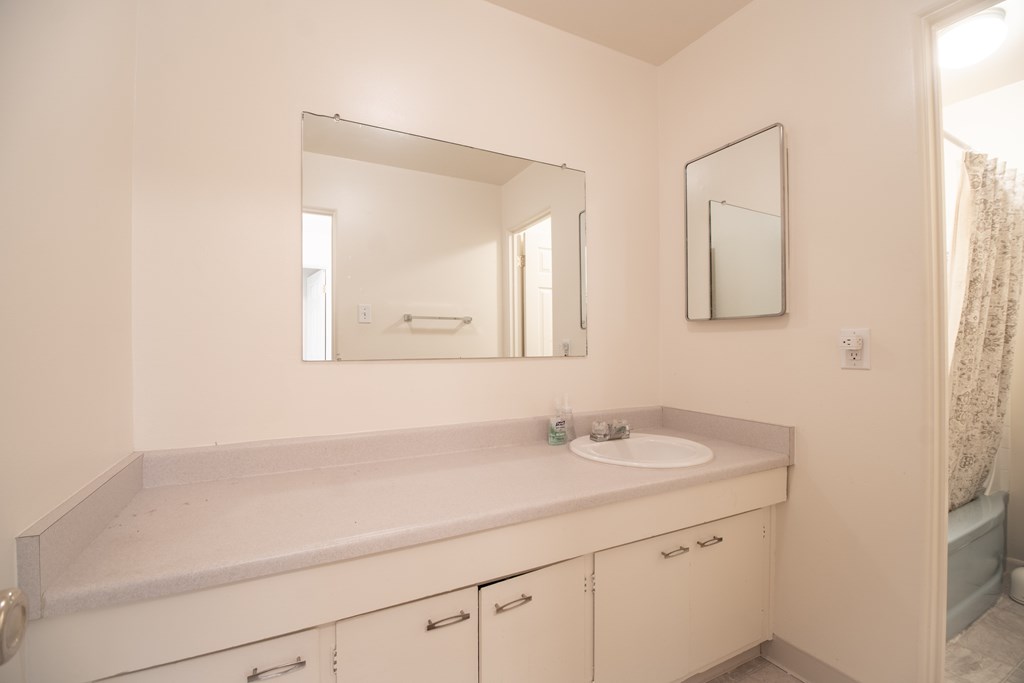 A bathroom with a sink, mirror, and cabinets.
