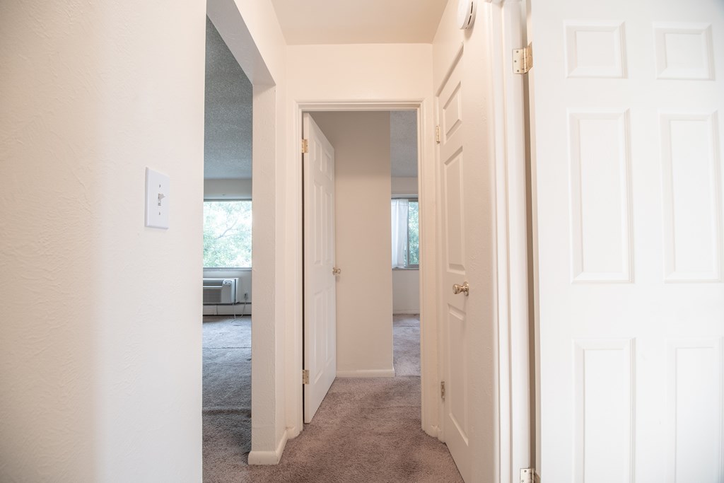 A hallway with a white door on the right and a white light switch on the wall.