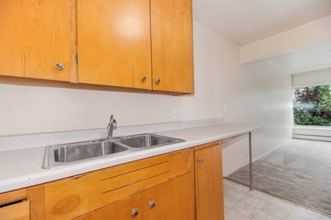 A kitchen with wooden cabinets and a double sink.