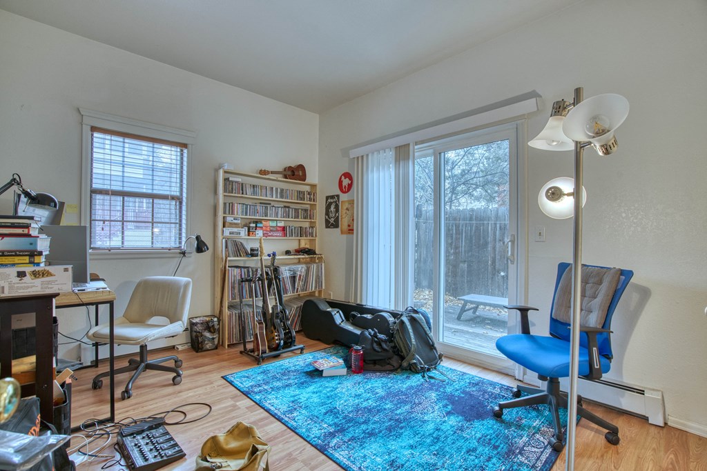 a living room with a sliding glass door and a blue rug