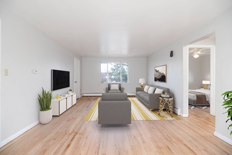 A living room with a grey couch and a television.