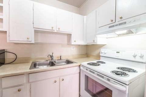 A white stove and sink in a kitchen.