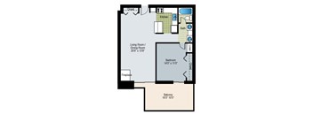 A floor plan of a home with a living room, dining room, kitchen, bathroom, bedroom, and balcony.