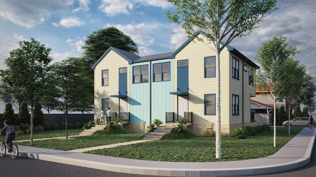 a rendering of a two story house with blue and white siding on a street