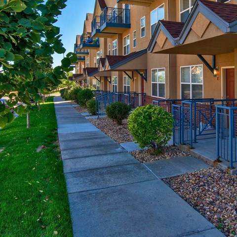 A row of houses with a sidewalk in front.