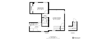 A floor plan for a two-story home with a living room, bedroom, and storage space.