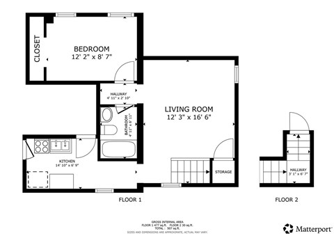 A floor plan for a two-story home with a living room, bedroom, and storage space.