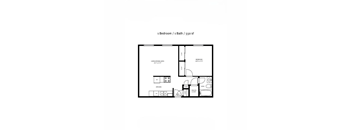 A black and white image of a floor plan for a 1 bedroom apartment.