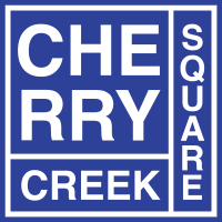 A blue and white sign that says Cheery Creek Square.