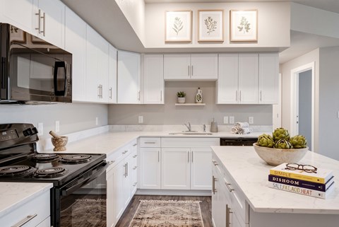 A modern kitchen with white cabinets and a black stove top.