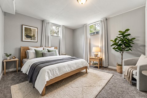 A bedroom with a large bed and a plant.