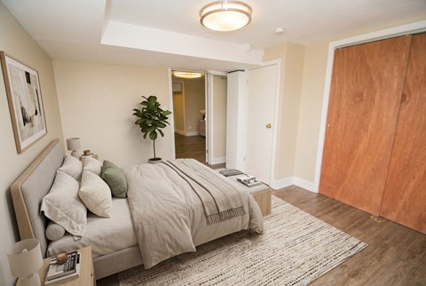 A bedroom with a bed, nightstand, and a plant on the wall.