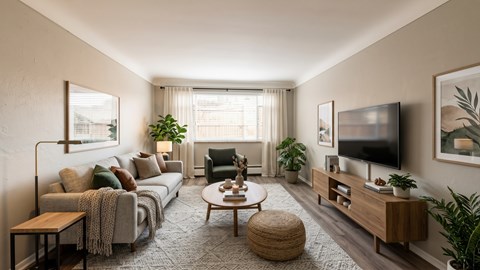 A living room with a grey carpet and a wooden floor.