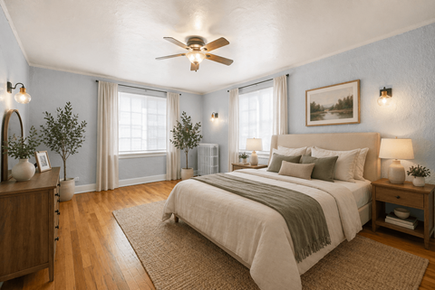 A bedroom with a large bed and a ceiling fan.