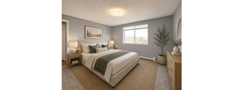 A bedroom with a large bed, a nightstand, and a window.