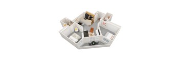 A 3D image of a house layout with a kitchen, living room, and two bedrooms.