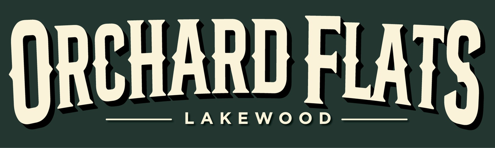 A logo with the words "Orchard Flats" and "Lakewood" written in stylized fonts.