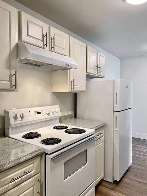 A white stove and refrigerator in a kitchen.