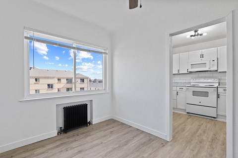 a white kitchen with a window and a stove and