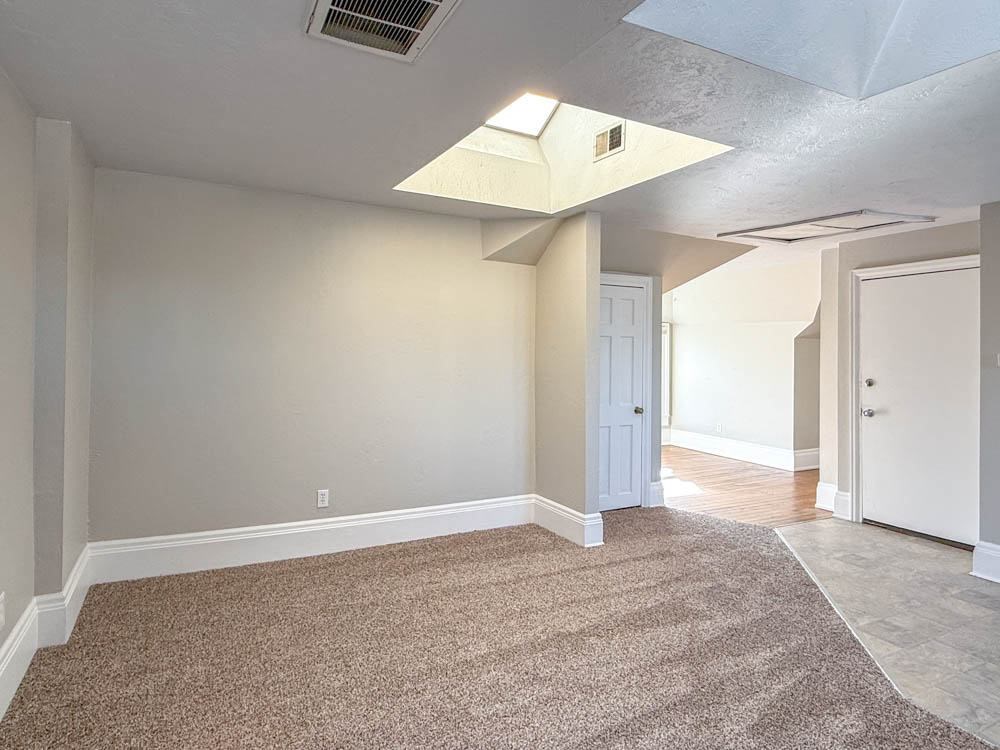 A room with a carpeted floor and a skylight.