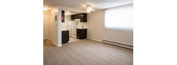 A room with a white fridge and black cabinets.