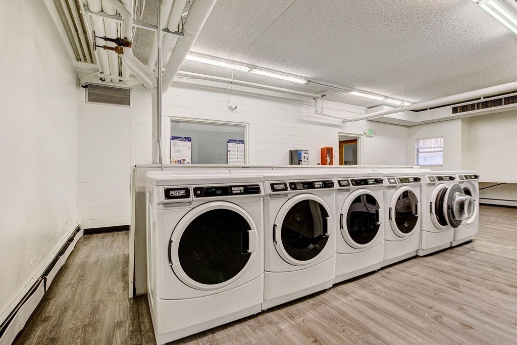 a group of washers and dryers in a laundry room
