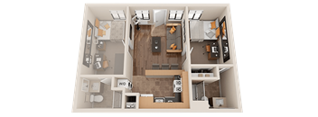 A top-down view of a house layout with a kitchen, living room, and bathroom.