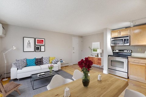 a living room with a couch and a table