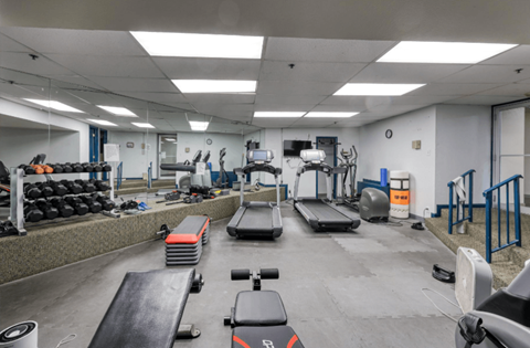A gym with treadmills, weights, and exercise equipment.