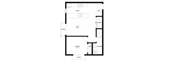 A black and white floor plan of a home with a living room, kitchen, and two bedrooms.