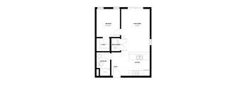 A floor plan of a house with a bedroom, bathroom, kitchen, living room, and two closets.