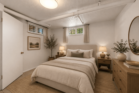 A bedroom with a large bed and a wooden dresser.