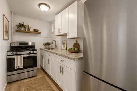 A modern kitchen with a stainless steel refrigerator and white cabinets.
