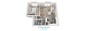 A 3D floor plan of a renovated Broadway 1 Bed 1 Bath apartment.
