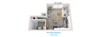 A 3D floor plan of a renovated Hampden 0 Bed 1 Bath.