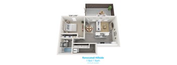 A floor plan of a renovated hillside home with one bed and one bath.
