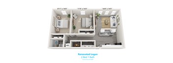 A 2 Bed 1 Bath Renovated Logan floor plan.