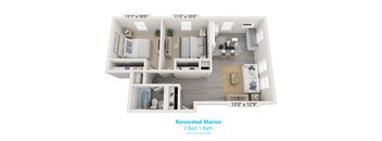 A 3D floor plan of a renovated Marion 2 Bed 1 Bath apartment.
