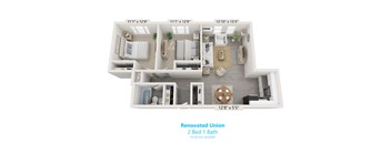 A floor plan of a renovated union with two bedrooms and one bathroom.