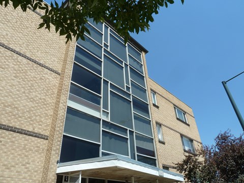 A tall building with a lot of windows and a tree in front.