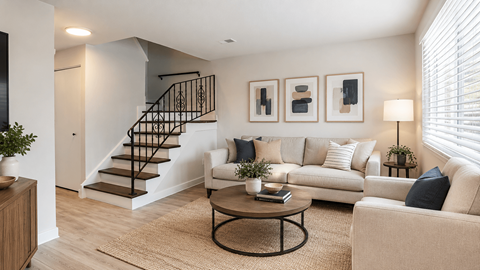 A living room with a staircase, couch, and pictures on the wall.