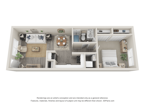 a stylized 3d floor plan of a 2100 sq ft  apartment